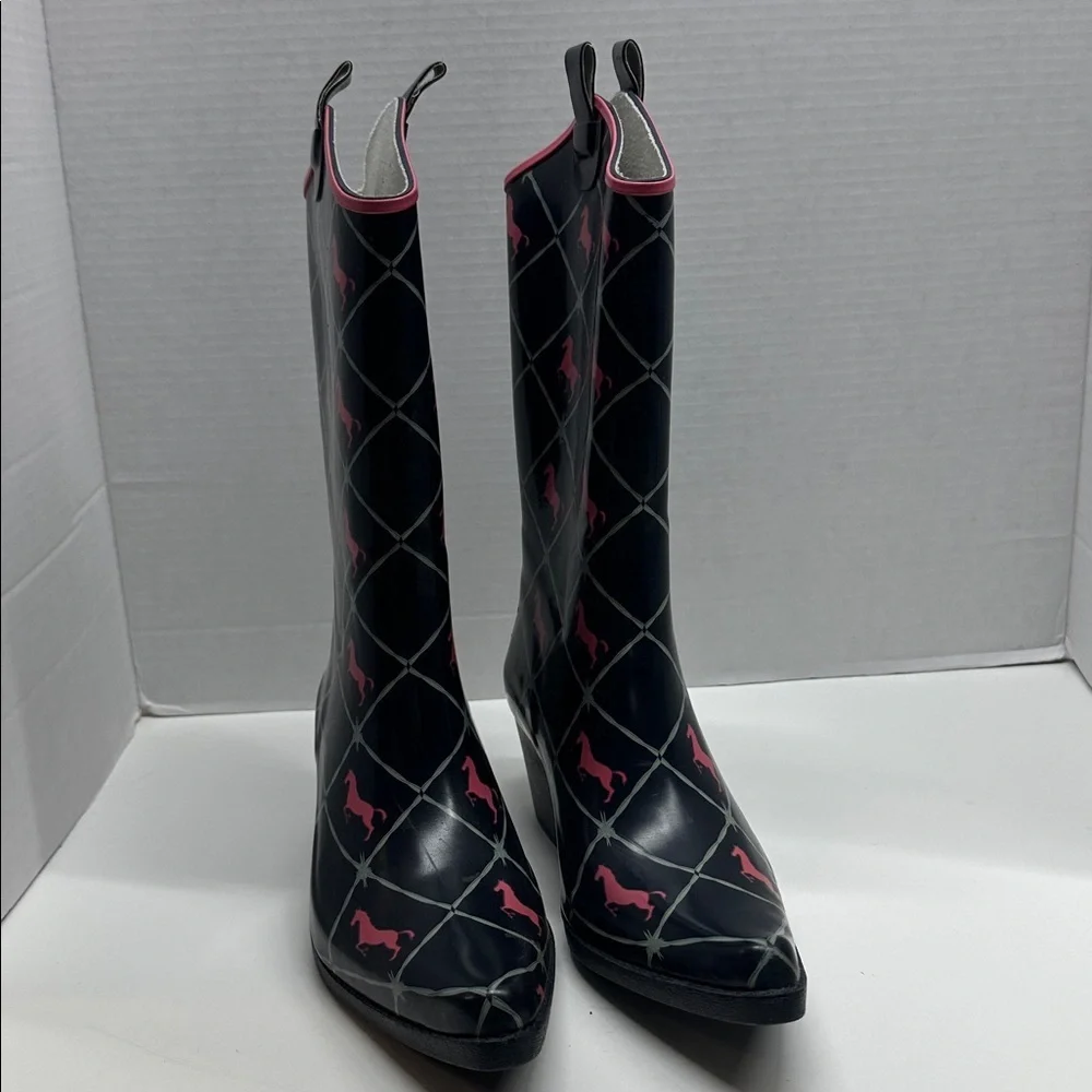 Bit & Bridle Cowboy Rubber Rain Boots Heeled Horse Western Black Pink Women's 7
